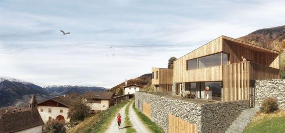 Zwei traumhafte neue Chalets im sonnenverwöhnten Tanas im Vinschgau Ansicht Chalet Platthof Tanas